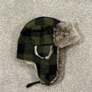 Men's Green Plaid Trapper Hat with Faux Fur Lining